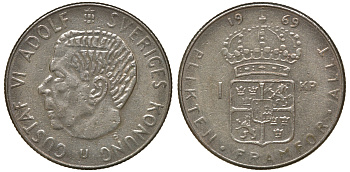 Швеция 1 крона 1969 Густав VI Адольф (1950-1973) KM 826a медь плакированная медно-никелем 4179-1016