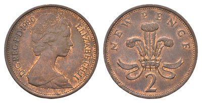 Великобритания 2 пенса 1980 Елизавета II (1952-2022) KM 916, Spink 4235 (C1) бронза 4673-913