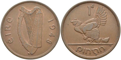 ИРЛАНДИЯ 1 ПЕННИ 1948 КУРИЦА С ЦЫПЛЯТАМИ KM 11 бронза 111-834
