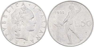 ИТАЛИЯ 50 ЛИР 1955 R, БОГ ОГНЯ ВУЛКАН У НАКОВАЛЬНИ KM 95.1 нержавеющая сталь 117-921