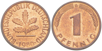 ФРГ 1 пфенниг 1980 G KM 105, J. 380 сталь плакированная медью 4181-641