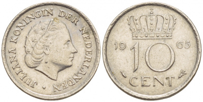 Нидерланды 10 центов 1965 Юлиана (1949-1980) KM 182 никель 4547-837