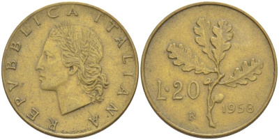 ИТАЛИЯ 20 ЛИР 1958 R, ДУБОВЫЕ ЛИСТЬЯ KM 97.1 алюминиевая бронза 4551-245