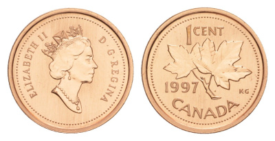 Канада 1 цент 1997 Елизавета II (1952-2022), кленовый лист, specimen KM 289 цинк плакированный бронзом BU 4639-413