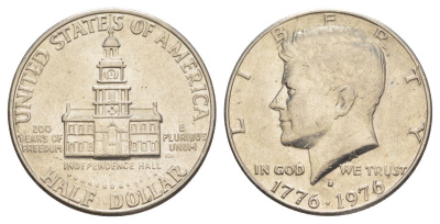 США 1/2 доллара (50 центов) 1976 D, 200 лет независимости, Джон Кеннеди KM 205 медь плакированная медно-никелем aUNC 4545-941