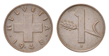 Швейцария 1 раппен 1948 B KM 46 бронза 4705-1161