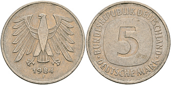 ФРГ 5 марок 1984 F KM 140.1, J.415 медно-никель плакированный никелем 08-444