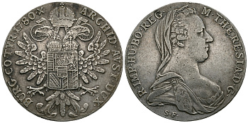 Австрия 1 талер 1780 SF, Мария Терезия, официальный рестрайк KM Т1 серебро 413-2433