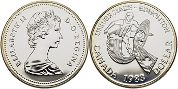 Канада 1 доллар 1983 XII летняя Универсиада в Эдмонтоне, в оригинальной коробке KM 138 серебро UNC 2-5-2-24