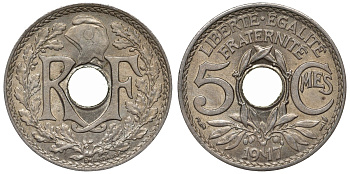 Франция 5 сантимов 1917 3 гр. KM 865, Le Franc 121.1 медно-никель 4128-122
