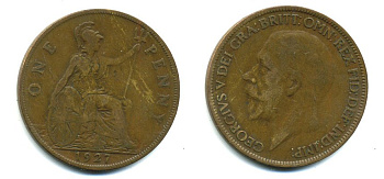 Великобритания 1 пенни 1927 Георг V (1910-1936) КМ 826, Spink 4054 бронза 41-932