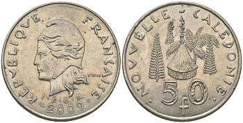 Французская Новая Каледония 50 франков 2009 хижина среди сосен и пальм, (IEOM) KM 13a, Schoen 15a, Lec 128i медно-никель 114-1012