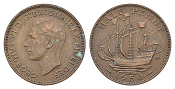 Великобритания 1/2 пенни 1950 Георг VI (1936-1952) KM 868, Spink 4118 бронза 4662-1123