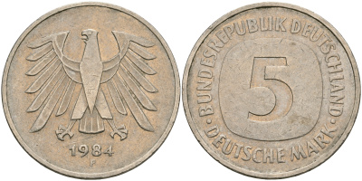 ФРГ 5 марок 1984 F KM 140.1, J.415 медно-никель плакированный никелем 08-444