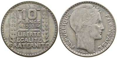Франция 10 франков 1930 Пьер Тюрен KM 878, Le Franc 360.3 серебро 79-424