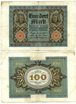 Германия 100 марок 1920 Бамбергский всадник, 8 цифр в номере Pick 69 b, Розенберг 69b бумага 3295-117-2-2