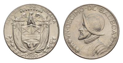 Панама 1/10 бальбоа (10 сентесимо) 1980 KM 10 медь плакированная медно-никелем UNC 4644-154