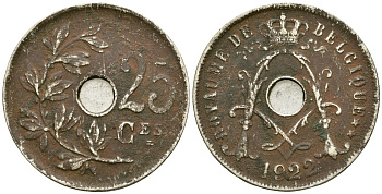 Бельгия 25 сантимов 1922 Belgique KM 68 медно-никель 4165-441