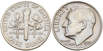 США 10 ЦЕНТОВ = 1 ДАЙМ 1979 РУЗВЕЛЬТ KM 195a медь плакированная медно-никелем 188-426