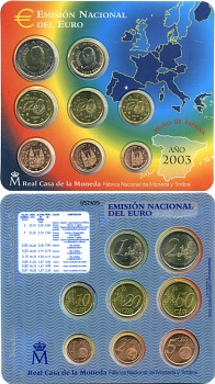 Испания евронабор из 8 монет 2003 1, 2, 5, 10, 20, 50 евроцентов, 1 и 2 евро, в оригинальной пластиковой упаковке KM 1040, 1041, 1042, 1043, 1044, 1045, 1046, 1047   UNC  5-6-2-65