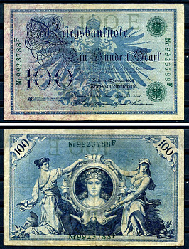 Германия 100 марок 1908 7 февраля 1908, выпуск конец 1916 - ноябрь 1918, зеленая печать Pick 34 бумага 8619-31-1-1