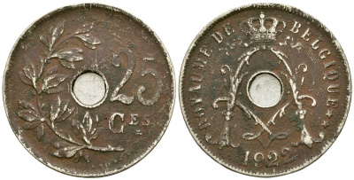 Бельгия 25 сантимов 1922 Belgique KM 68 медно-никель 4165-441