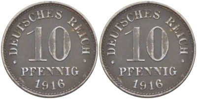 ГЕРМАНИЯ 10 ПФЕННИНГОВ 1916 J, ПЕРВАЯ МИРОВАЯ ВОЙНА KM 20, J.298, Weege 8 железо 202-156