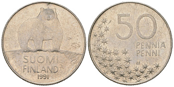 Финляндия 50 пенни 1991 M, полярный медведь KM 66 медно-никель aUNC 4618-765