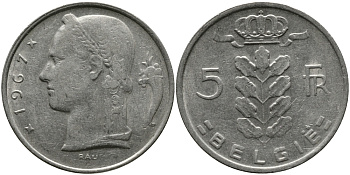 Бельгия 5 франков 1967 Belgie, Бодуэн I (1951-1993) KM 135.1 медно-никель 98-546