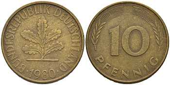 ФРГ 10 ПФЕННИГОВ 1980 J KM 108, J. 383 сталь плакированная латунью 75-646