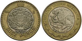 Мексика 10 песо 1998 Мо, бог Тонатиуха с огненной маской KM 616 биметалл 4120-334