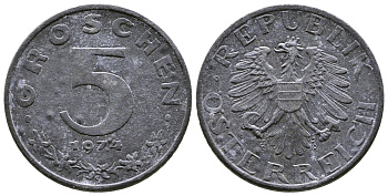 АВСТРИЯ 5 ГРОШЕЙ 1974 KM 2875 цинк 57-1315