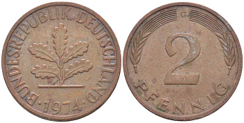 ФРГ 2 ПФЕННИГА 1974 G KM 106a, J. 381a сталь плакированная сталь плакированная медьюю 116-329