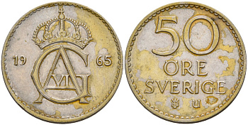 Швеция 50 эре 1965 U, Густав VI Адольф (1950-1973) KM 837 медно-никель 4380-556