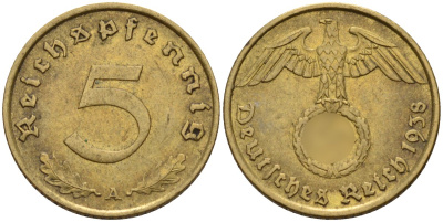 Германия 5 рейхспфеннигов 1938 A KM 91, J. 363 алюминиевая бронза 4151-769