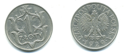 ПОЛЬША 1 ЗЛОТЫЙ 1929 w KM 14 никель 4383-225