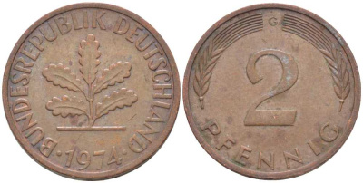 ФРГ 2 ПФЕННИГА 1974 G KM 106a, J. 381a сталь плакированная сталь плакированная медьюю 116-329