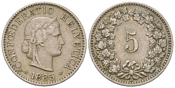Швейцария 5 раппенов 1885 B KM 26 медно-никель 4158-459