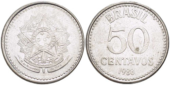 Бразилия 50 сентаво 1988 реформа 1986-1989 KM 604 нержавеющая сталь 3334-512