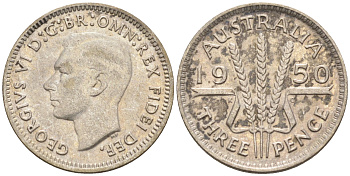 Австралия 3 пенса 1950 m, Георг VI (1937-1952) KM 44 серебро 4115-157