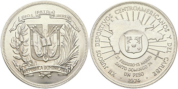 Доминиканская Республика 1 песо 1974 XII Центрально-Американские и Карибские игры KM 35 серебро UNC 1530-1015