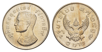 Таиланд 1 бат 1974 BE 2517, Рама IX, мифическое божество "Garuda" (бог птиц) Y 100 медно-никель UNC 4646-822