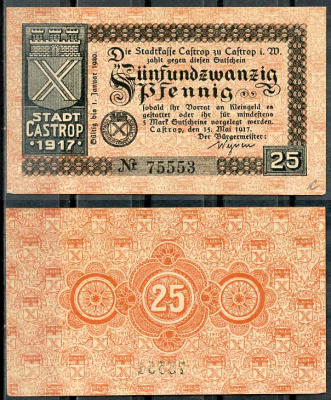 Германия, Кастроп 25 пфеннигов 1917 нотгельд, 15.5.1917, узкие цифры Tieste 1105/10 бумага UNC (пресс) 8614-44-4-2