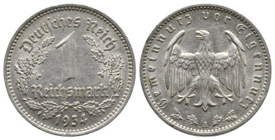 ГЕРМАНИЯ 1 РЕЙХСМАРКА 1934 А KM 78, J. 354 никель 4380-514