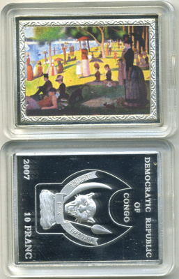 Конго 10 франков 2007 серия шедевры мировой живописи, Жорж Сёра, Воскресный день на острове Гранд-Жатт, серебрение, размер 35Х46 мм., цветная эмаль медно-никель PROOF 1066-14-51