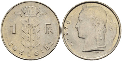 Бельгия 1 франк 1976 Belgie, Бодуэн I (1951-1993) KM 143.1 медно-никель 4546-425