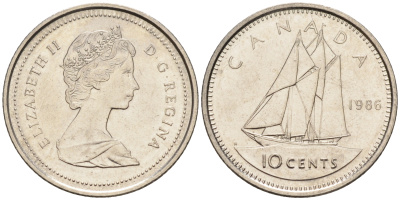 Канада 10 центов 1986 Елизавета II (1952-2022), парусник KM 77.2 никель  4147-365