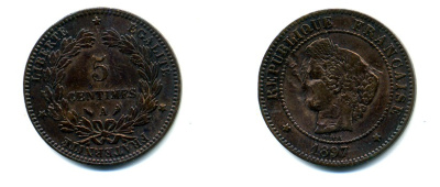 ФРАНЦИЯ 5 САНТИМОВ 1897 A, ТРЕТЬЯ РЕСПУБЛИКА (1871-1940) KM 821.1, LE FRANC 118.41 бронза 80-621