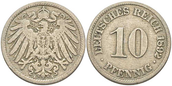 ГЕРМАНИЯ 10 ПФЕННИГОВ 1892 А KM 12, J. 13 медно-никель 210-625
