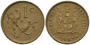 ЮАР 1 цент 1983 герб, капские воробьи KM 82 бронза 4136-849